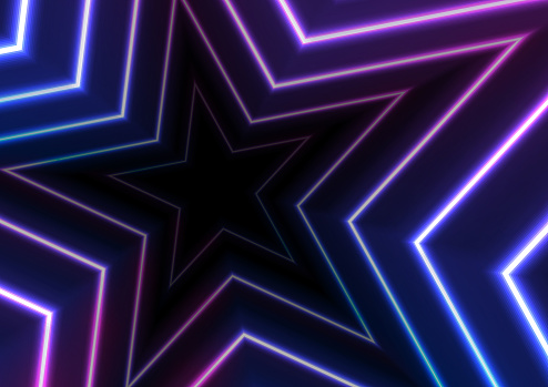 Blue and ultraviolet neon glowing stars abstract background. Vector retro graphic design