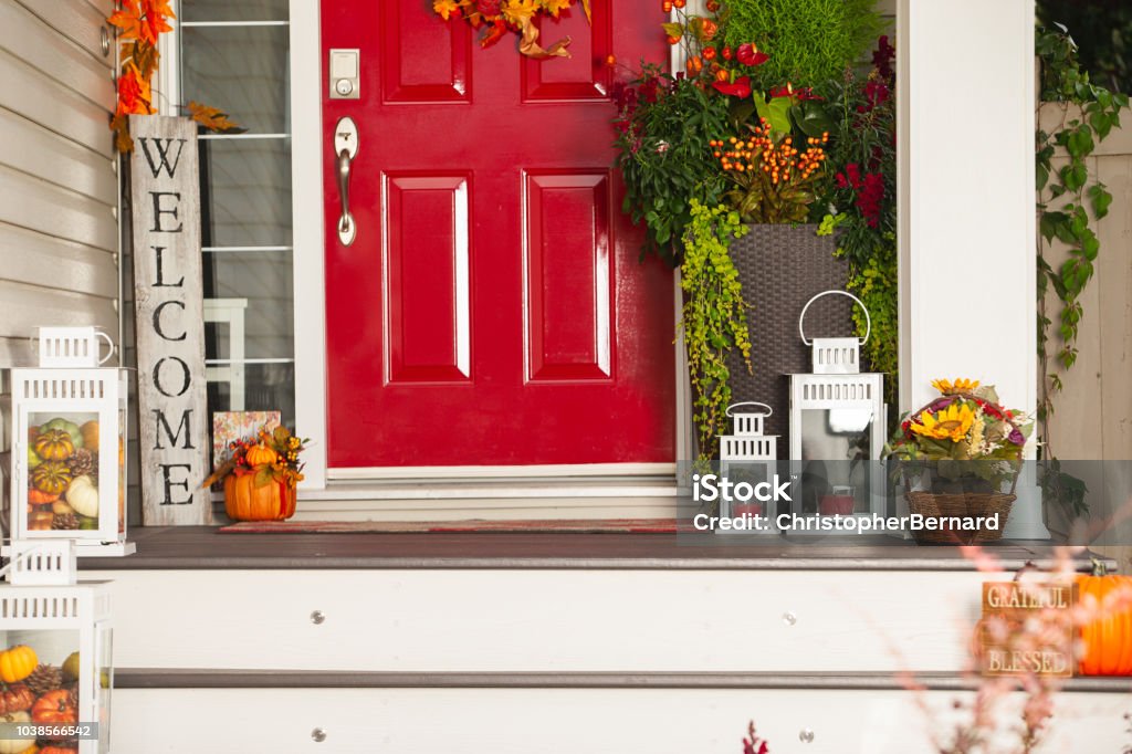 Autumn front entrance Front door fall decorations Autumn Stock Photo