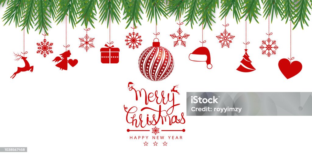 Fond de Noël avec des boules de Noël res, flocons de neige, sur fond blanc - clipart vectoriel de Noël libre de droits