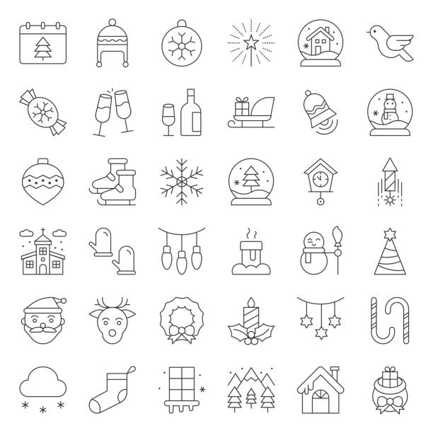 zestaw ikon wesołych świąt, obrys edytowalny obrys - wrapping paper christmas gift snowman stock illustrations
