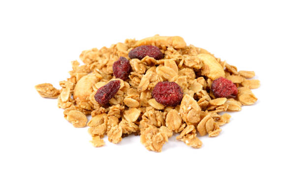 istock Oat Granola with dried raspberries breakfast cereal isolated on white background 1038586264