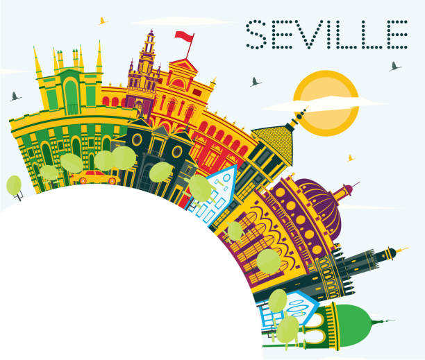 세비야 스페인 도시 스카이 라인 색 건물, 푸른 하늘 및 복사 공간. - seville sevilla house spain stock illustrations