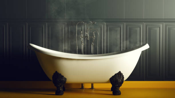 istock Steamy Dark Blue and Yellow Bathroom With Iron Bath 1038621454