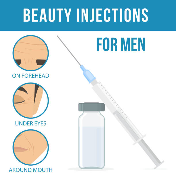 Cosmetic procedures botox Man s anti-aging skin care and men s cosmetics. Different types of facial wrinkles. Botox injection for men, ampoule and syringe. Anti-aging procedure. Vector botox bottle stock illustrations