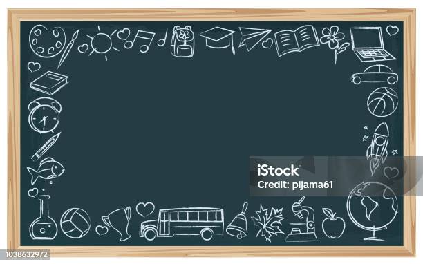 Chalkboard School Symbols Stock Illustration - Download Image Now - Chalkboard - Visual Aid, School Building, Education
