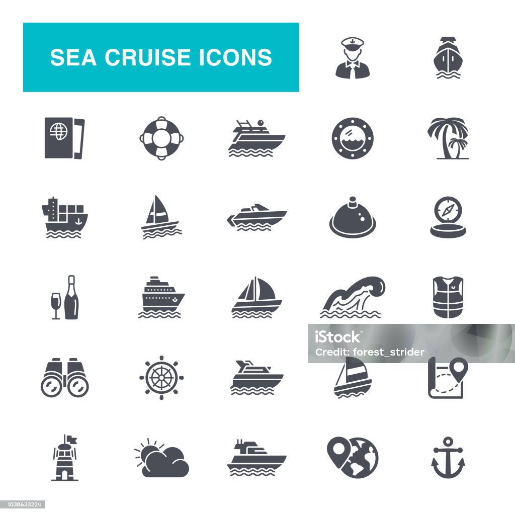 Sea Cruise Icons Nautical Vessel, Ship, Cruise Ship, Passenger Ship, Navigational Compass, Icon Set Icon Symbol stock vector