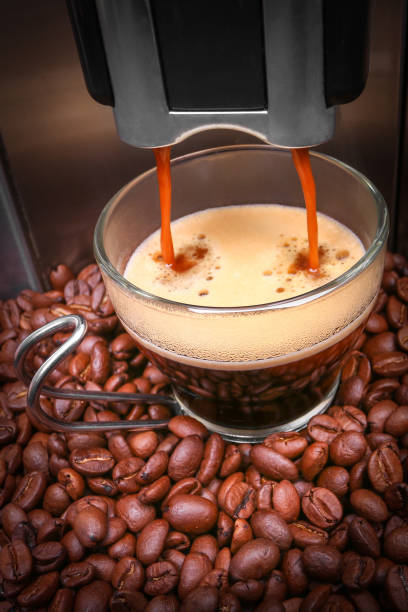 istock Espresso machine making coffee, coffee beams background 1038636944