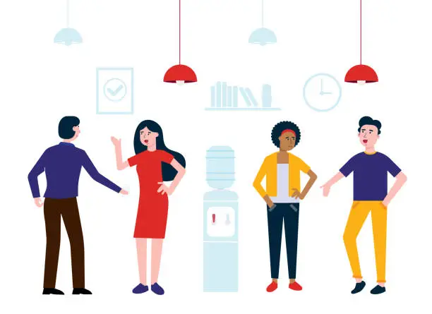 Vector illustration of Teamwork of colleagues near the watercooler happy men and woman talking and working vector characters flat style vector illustration. Conversation at work place in office concept in business.