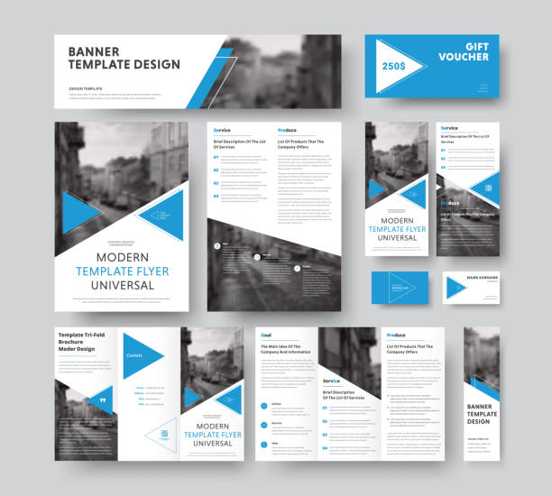 корпоративный стиль набор с треугольными синими элементами дизайна, диагонали и место для фотографий. - diagonals stock illustrations