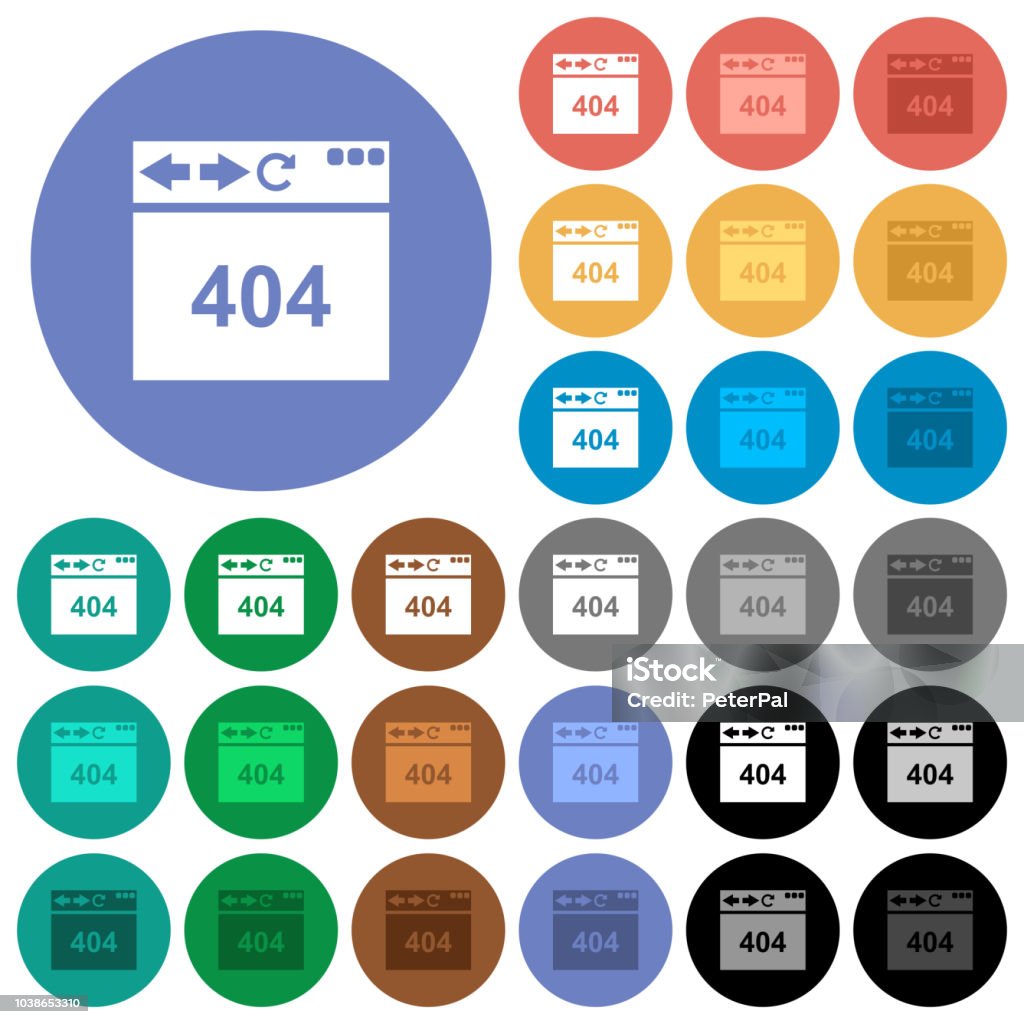 Browser 404 page not found round flat multi colored icons Browser 404 page not found multi colored flat icons on round backgrounds. Included white, light and dark icon variations for hover and active status effects, and bonus shades. Applying stock vector