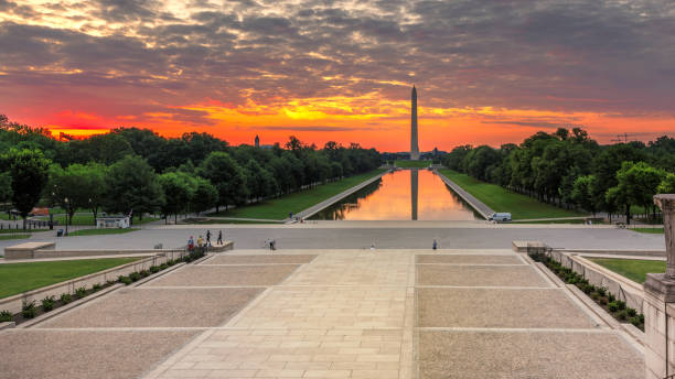 Washington DC Skyline at sunrise Beautiful sunrise at Washington DC.Dawn reflects Washington Monument in new reflecting pool by Lincoln Memorial, Washington DC, USA. washington monument reflecting pool stock pictures, royalty-free photos & images