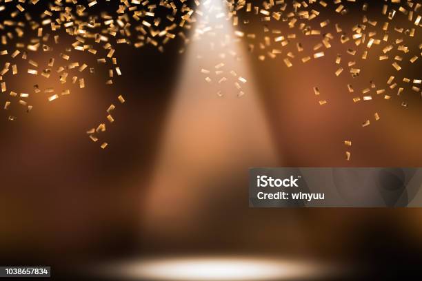 Festive Shower Of Golden Confetti Stock Photo - Download Image Now - Award, Backgrounds, Winning