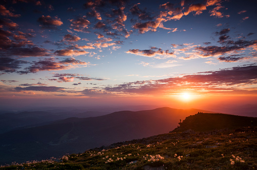 A very colorful sunrise in the mountains, Babia Gora, the Beskids in Poland