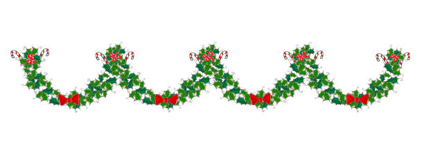 istock Christmas seamless border with holly leaves, red bows, berries and sweet candy sticks. Decorative design element 1038666160