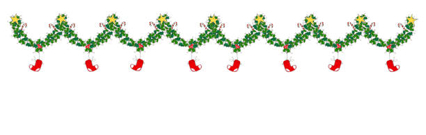 istock Christmas seamless border with holly leaves, stars awn red stockings. Decorative design element 1038666202