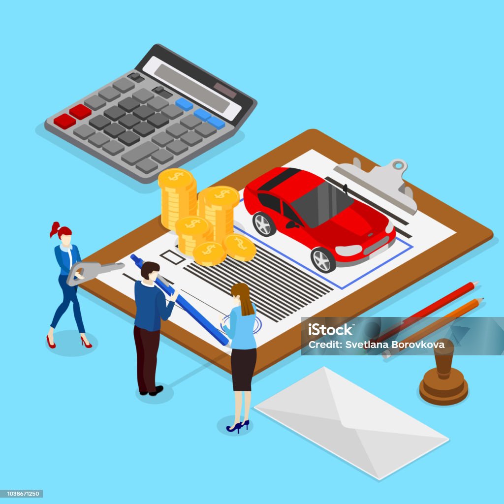 Car valuation and insurance. Isometric illustration. Car valuation and insurance. Isometric illustration with people and car on blue background. Vector 3d design. Car stock vector