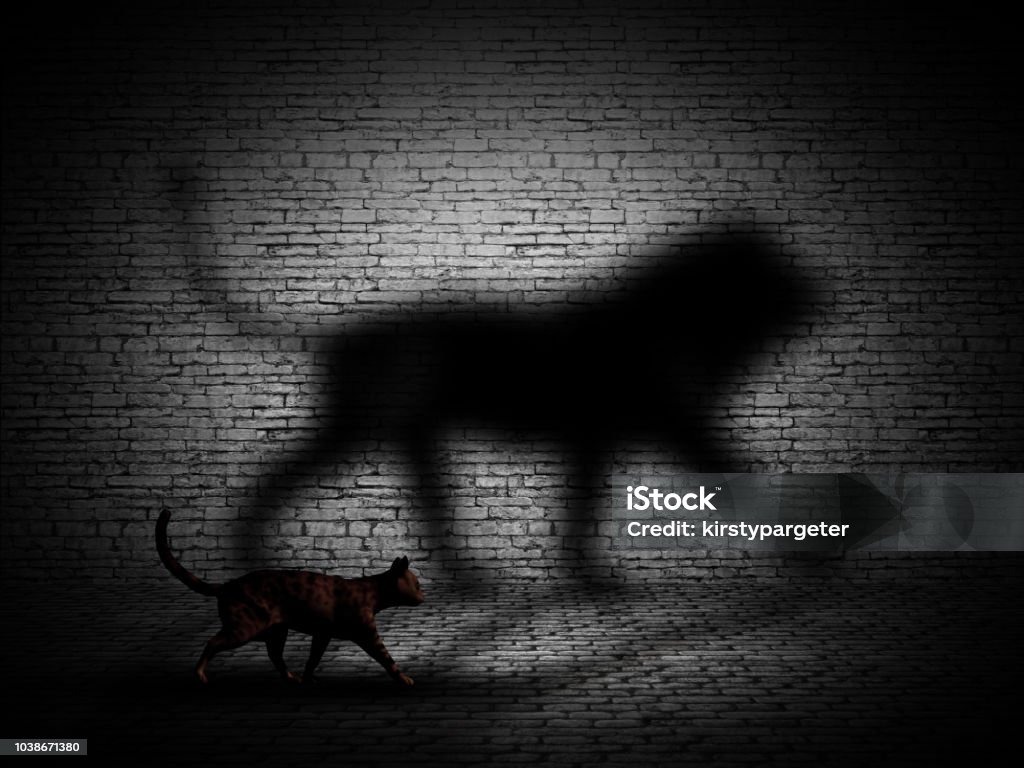 3D cat walking with lion shaped shadow against a brick wall 3D render of a cat walking with lion shaped shadow against a brick wall Lion - Feline Stock Photo