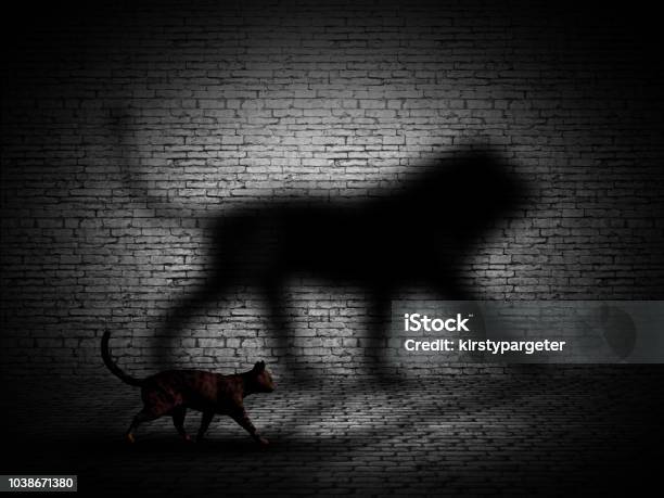 3d Cat Walking With Lion Shaped Shadow Against A Brick Wall Stock Photo - Download Image Now