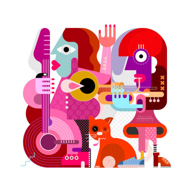 ilustraciones, imágenes clip art, dibujos animados e iconos de stock de dos músicos y un gato de color naranja - guitar playing music human face