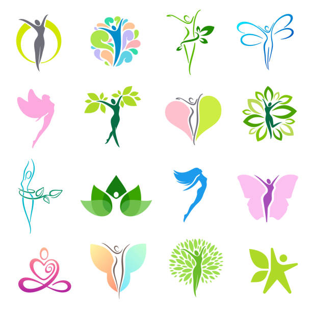 фитнес и велнес вектор значок дизайн набор - vector women flower beautiful stock illustrations