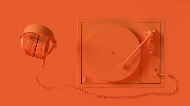 istock Orange Vintage Turntable Record Player with Headphones 1038675618