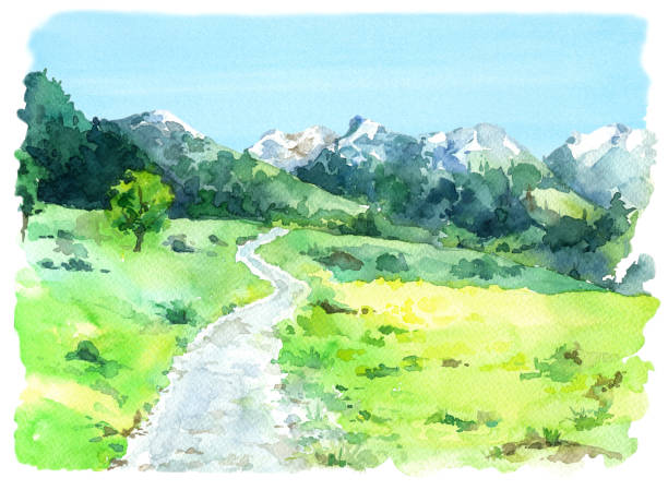 пейзаж с дорогой в швейцарских альпах, лесом и зелеными лугами. - illustration and painting panoramic sky snow stock illustrations
