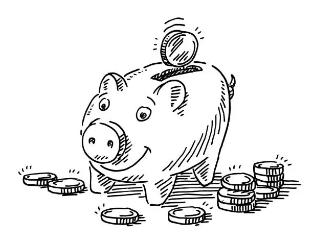 Vector illustration of Piggy Bank Money Coins Drawing