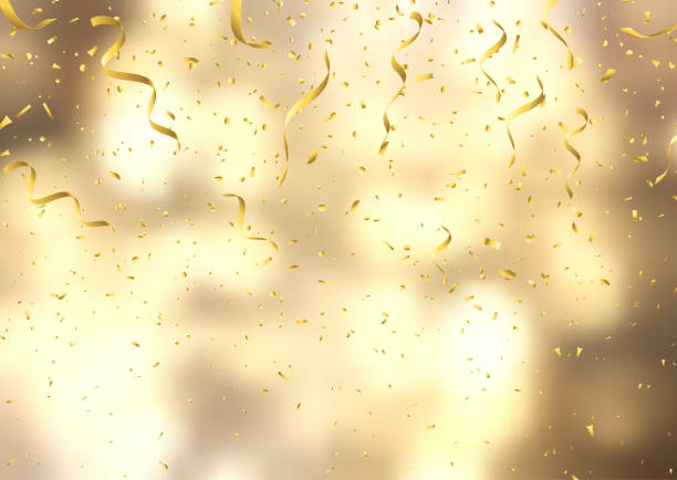 Gold confetti and streamers on defocussed background Gold confetti and streamers on a defocussed background new years 2019 stock illustrations