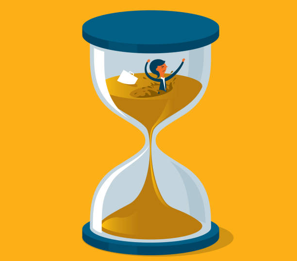 Businesswoman be trapped in hourglass Businesswoman be trapped in hourglass and sinking in sand. Expired deadline, business time management trapped fear people business stock illustrations