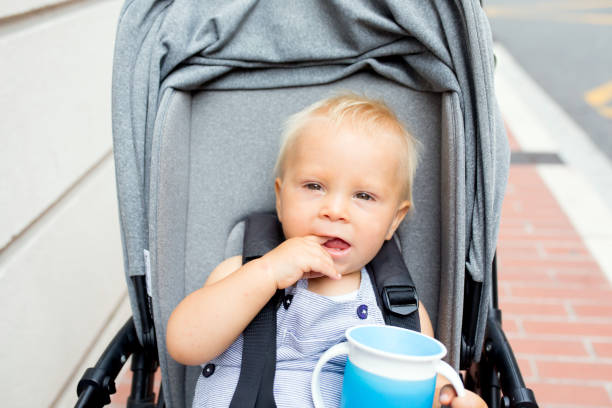 istock Baby drinking water from special cup sitting in stroller outdoors 1038696788