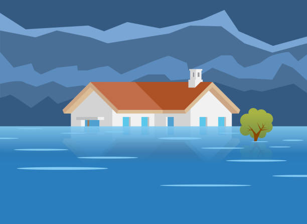 Flood Disaster Home Vector A vector illustration of a home that has been flooded. Natural flood disaster icon. flooded home stock illustrations
