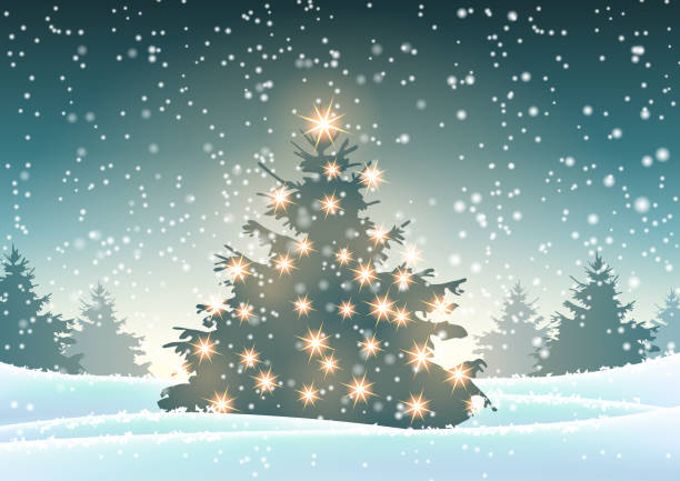 Christmas tree with lights in snowy forest vector art illustration