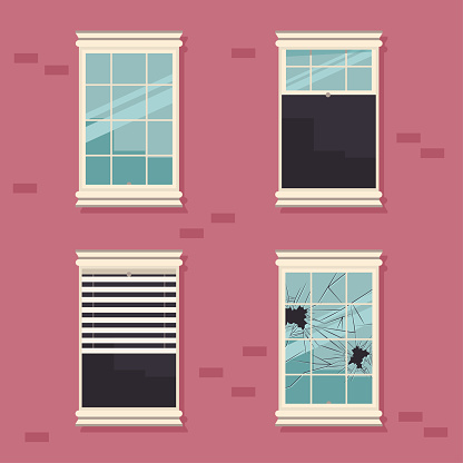 Windows broken, open, closed, with blinds vector set.