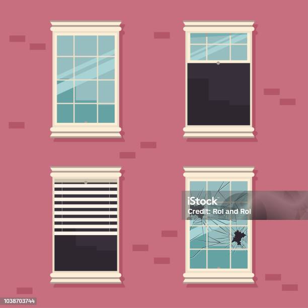Windows Broken Open Closed And With Blinds On A Brick Wall Vector Cartoon Flat Illustration Stock Illustration - Download Image Now