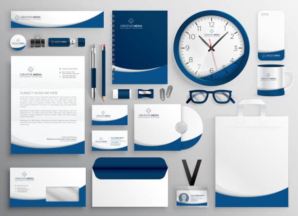 illustrazioni stock, clip art, cartoni animati e icone di tendenza di moderno blu professionale business cartoleria set - stationary