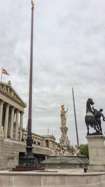 Austrian Parliament, sculptural ensemble, flagpoles against the sky, sky covered with clouds