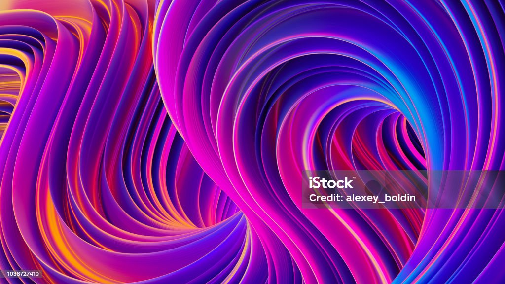 Vibrant twisted shapes in motion 3D abstract liquid ultra violet background Abstract 3D liquid background. Fluid design backdrop. Trendy composition in modern ultra violet holographic colors. Bright vibrant twisted shapes in motion. 3D rendering. Abstract Backgrounds Stock Photo