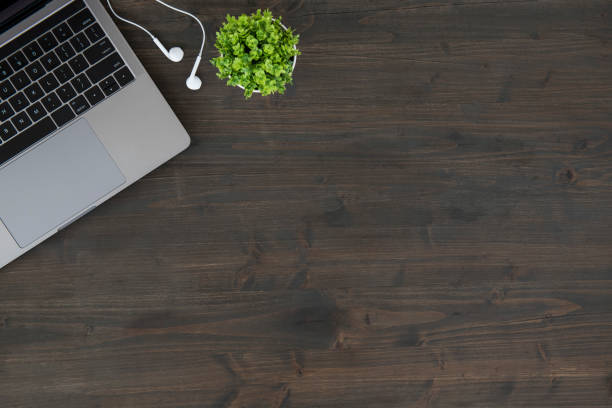 Top view of wooden table with laptop, plant and headphones.