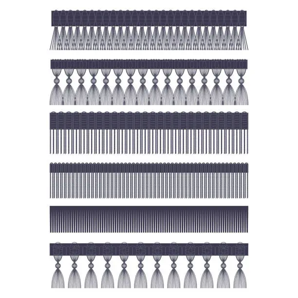 Vector illustration of Fringe edge with brush and tassel trim vector flat set of seamless borders isolated on a white background.