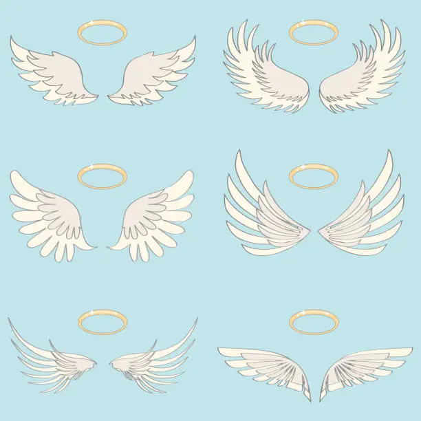 Vector illustration of Wings of an angel with a halo, realistic white wings of an angel on a light background.