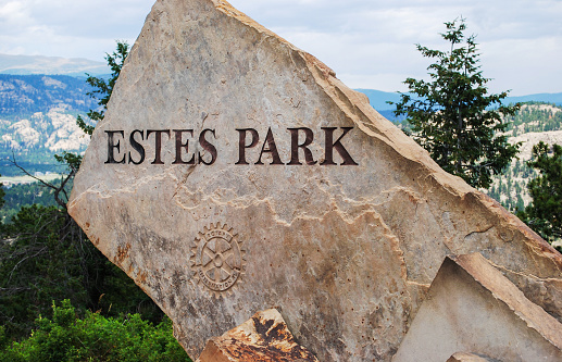 Estes Park sign. Statutory town in Larimer County, Colorado, United States.