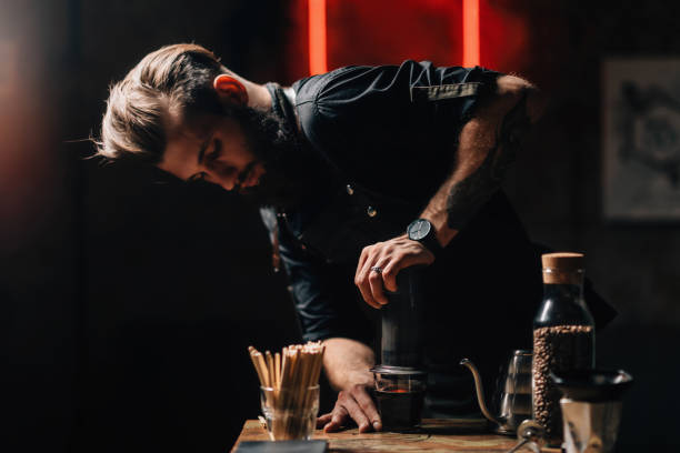 Barista Making Pour Over Air Press Filter Coffee