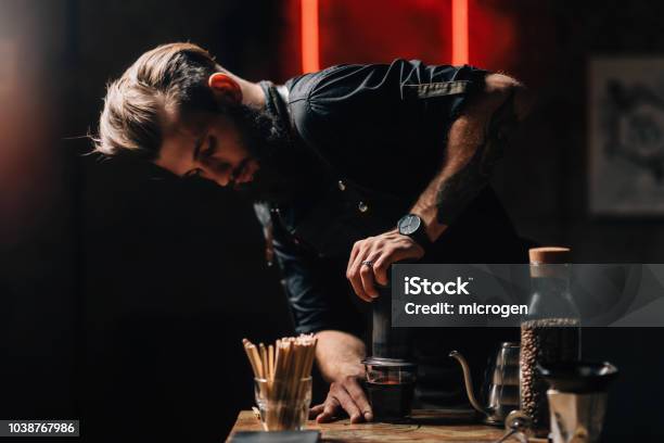 Barista Making Pour Over Air Press Filter Coffee Stock Photo - Download Image Now - Coffee - Drink, Expertise, Barista