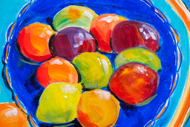 istock Blue fruit bowl with limes, lemons and satsumas, acrylic painting technique detail. 1038773484