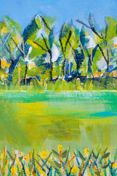 istock Expressionistic field with a hedge and woodland beyond, acrylic painting technique detail. 1038773848