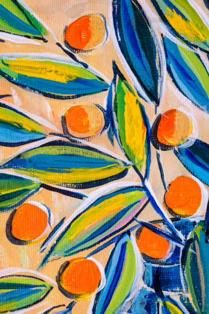 istock Expressionistic leaves and orange berries, acrylic painting technique detail. 1038774872
