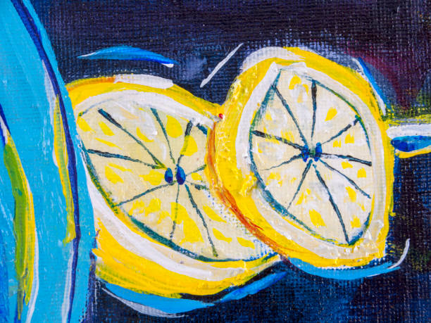 istock Expressionistic lemon slices on a worktop, acrylic painting technique detail. 1038775282