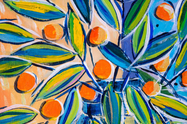 istock Expressionistic leaves and orange berries, acrylic painting technique detail. 1038775418