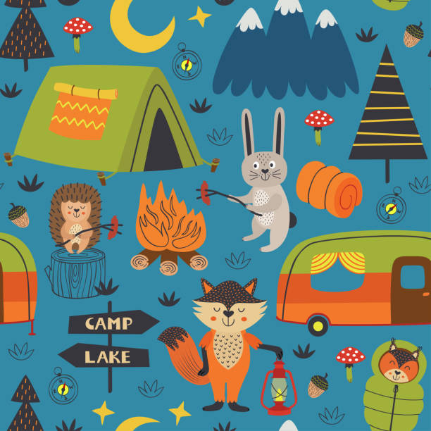 camping seamless pattern with animals in the forest at night camping seamless pattern with animals in the forest at night  - vector illustration, eps fire fox stock illustrations