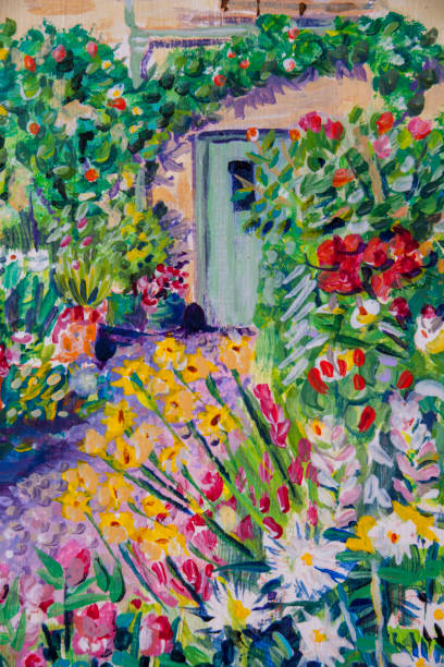 ścieżka ogrodowa domków, drzwi wejściowe i obramowania kwiatów, detale techniki malowania akrylowego. - paintings canvas cottage painted image stock illustrations